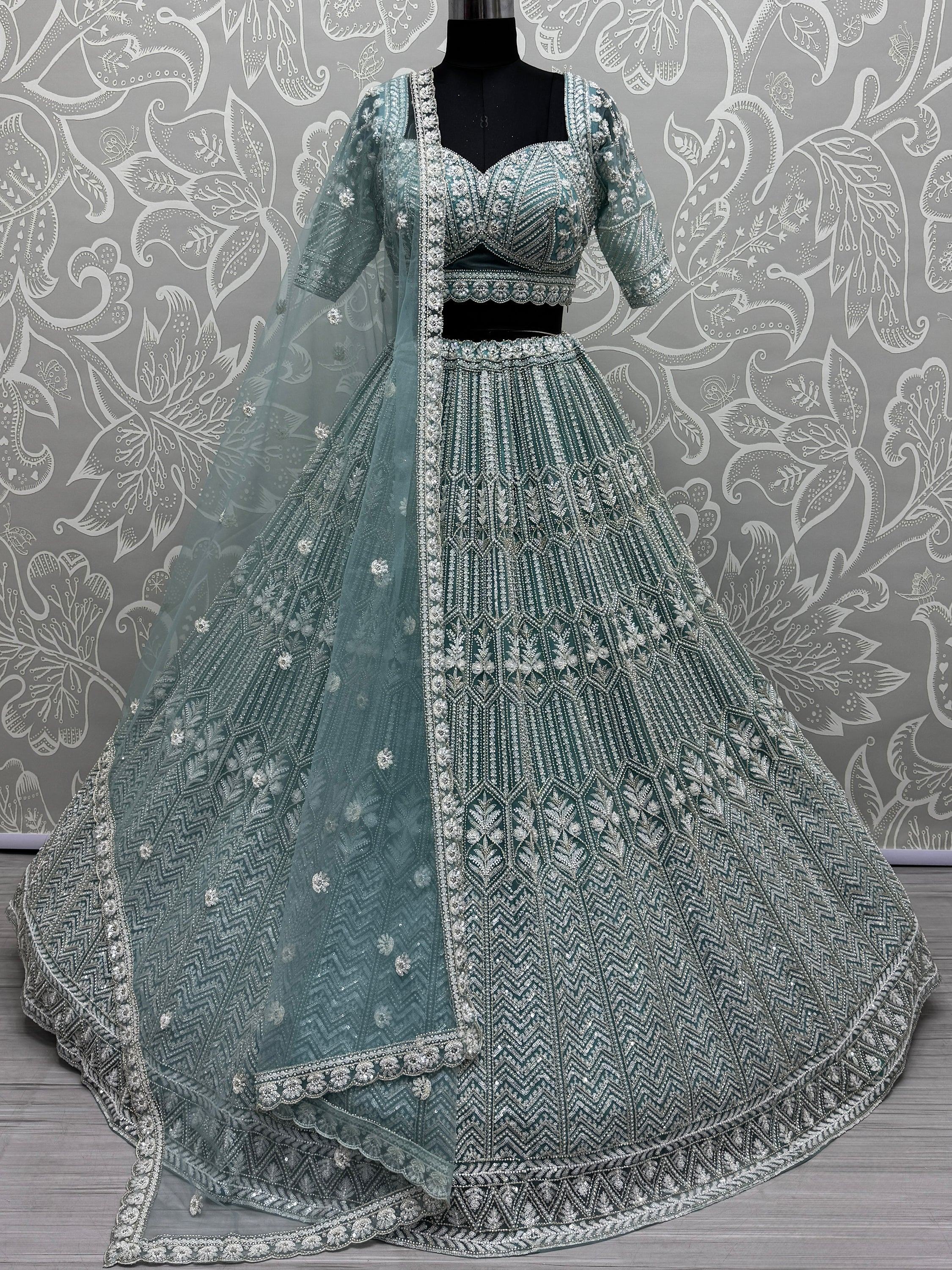 Teal designer lehenga choli with heavy silver embroidery and dupatta, ethnic Indian wear