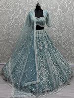 Spectacular Sky Blue Pearl Work Net Bridesmaid Lehenga Choli
