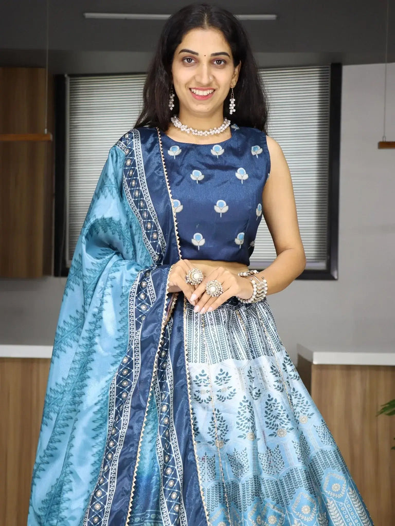 Spectacular Sky Blue Printed Art Silk Wedding Wear Lehenga Choli - Ethnic Plus In