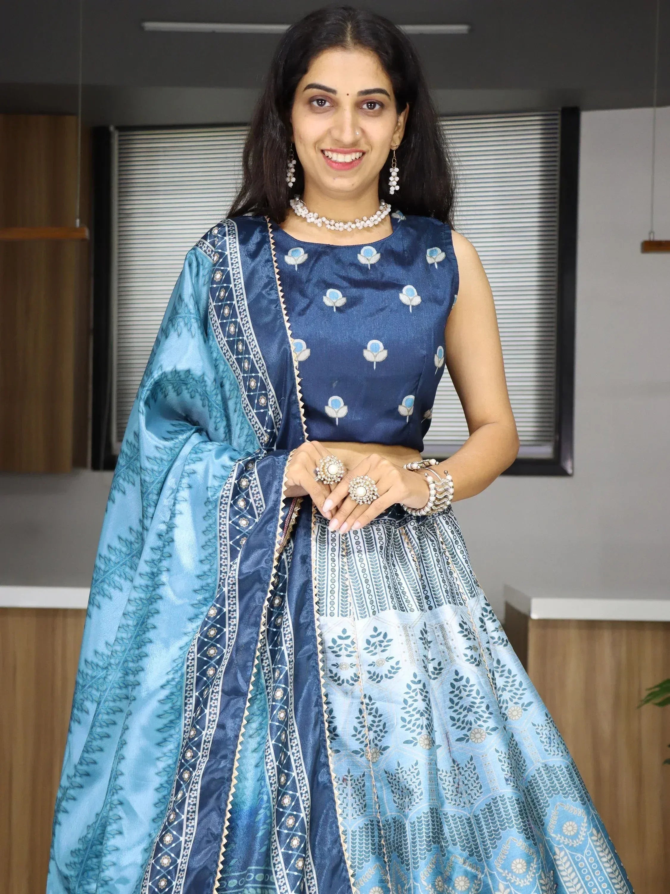 Blue printed lehenga choli with floral motifs and matching dupatta, Indian ethnic wear