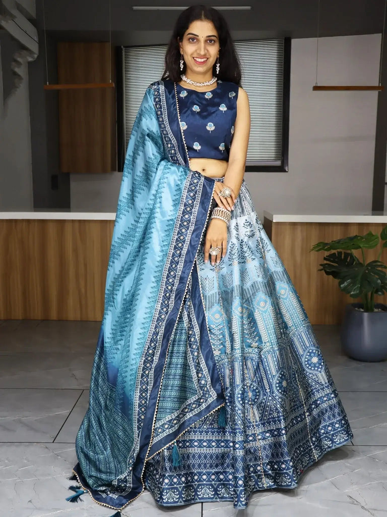 Spectacular Sky Blue Printed Art Silk Wedding Wear Lehenga Choli - Ethnic Plus In