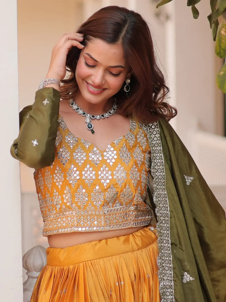 Spectacular Yellow & Green Embroidered Chinon Lehenga Choli - Ethnic Plus In