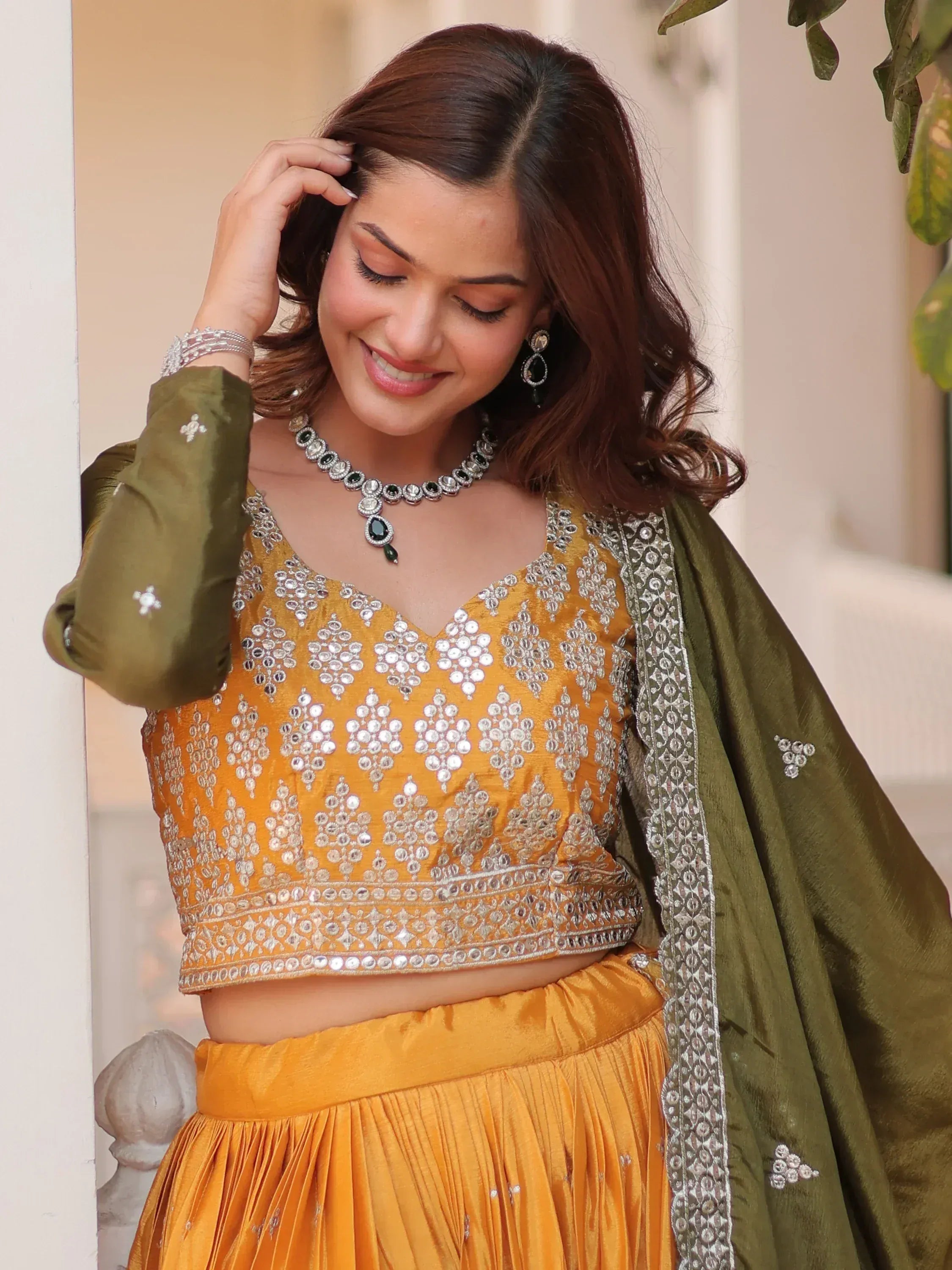 Mustard yellow mirror work lehenga choli with olive green dupatta, Indian ethnic wear