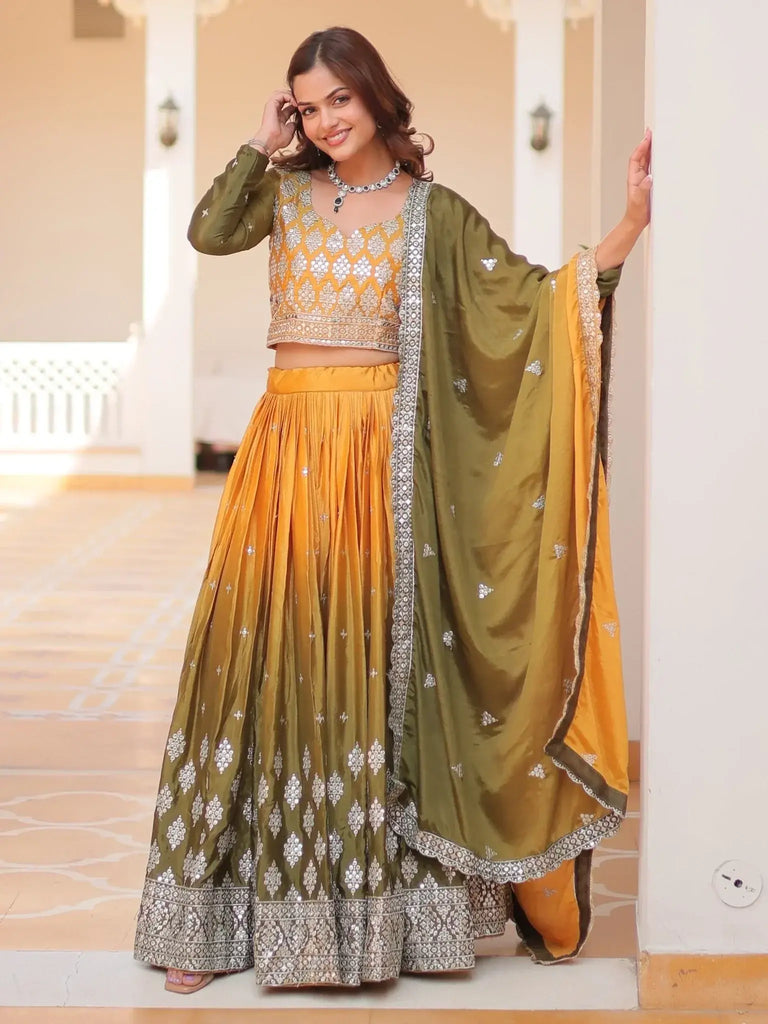 Spectacular Yellow & Green Embroidered Chinon Lehenga Choli - Ethnic Plus In