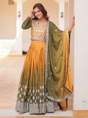 Spectacular Yellow & Green Embroidered Chinon Lehenga Choli - Ethnic Plus In