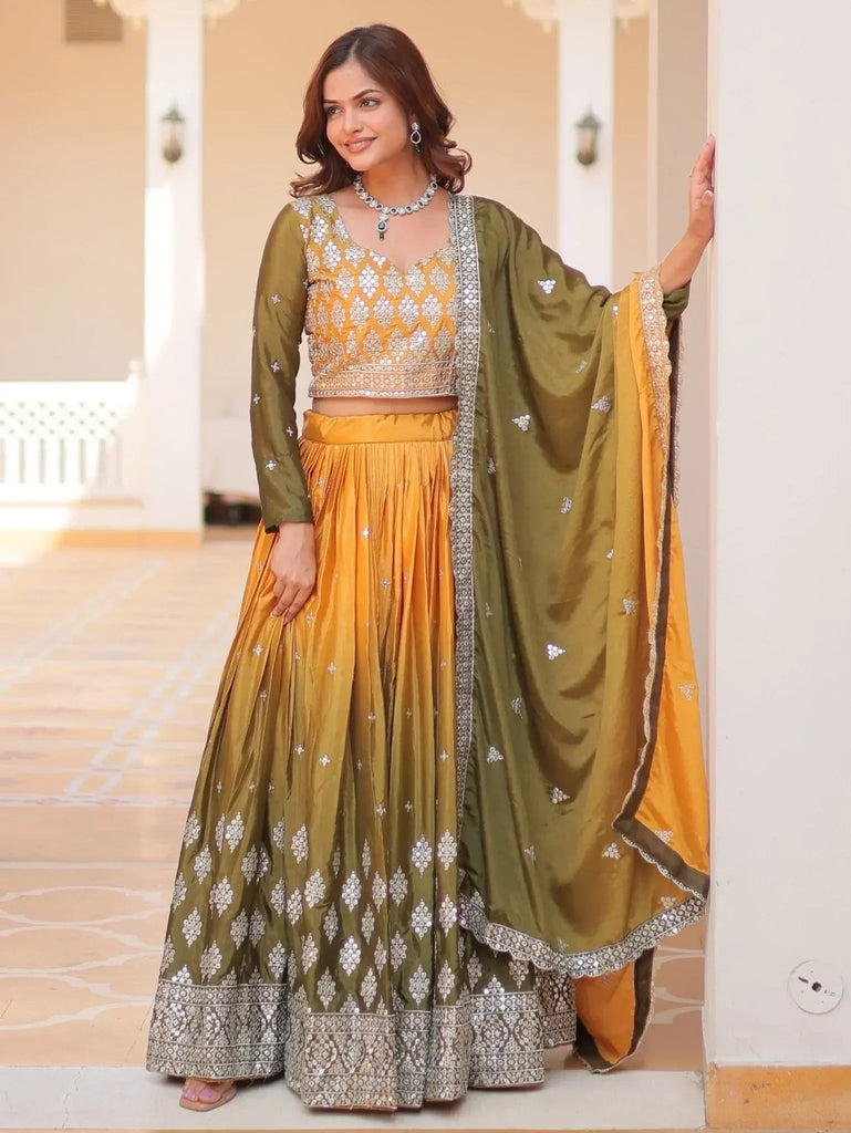 Spectacular Yellow & Green Embroidered Chinon Lehenga Choli - Ethnic Plus In