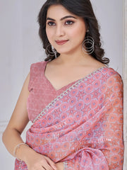 Spectacular Baby Pink Digital Printed Organza Casual Wear Saree