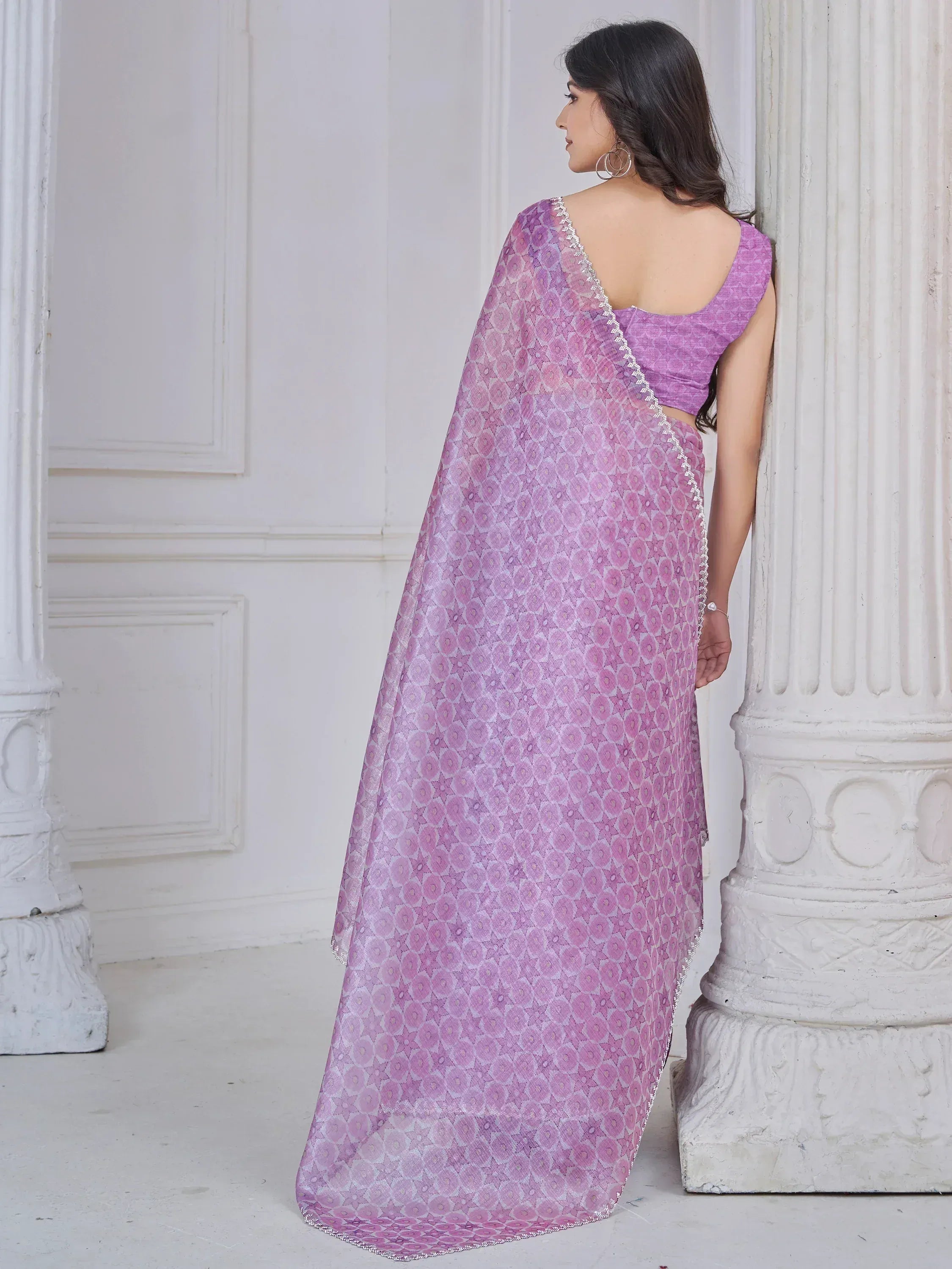 Purple printed saree with silver border, back view, ethnic wear for women