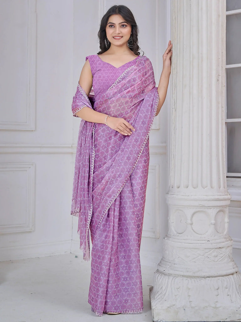 Spectacular Lavender Digital Printed Organza Event Wear Saree