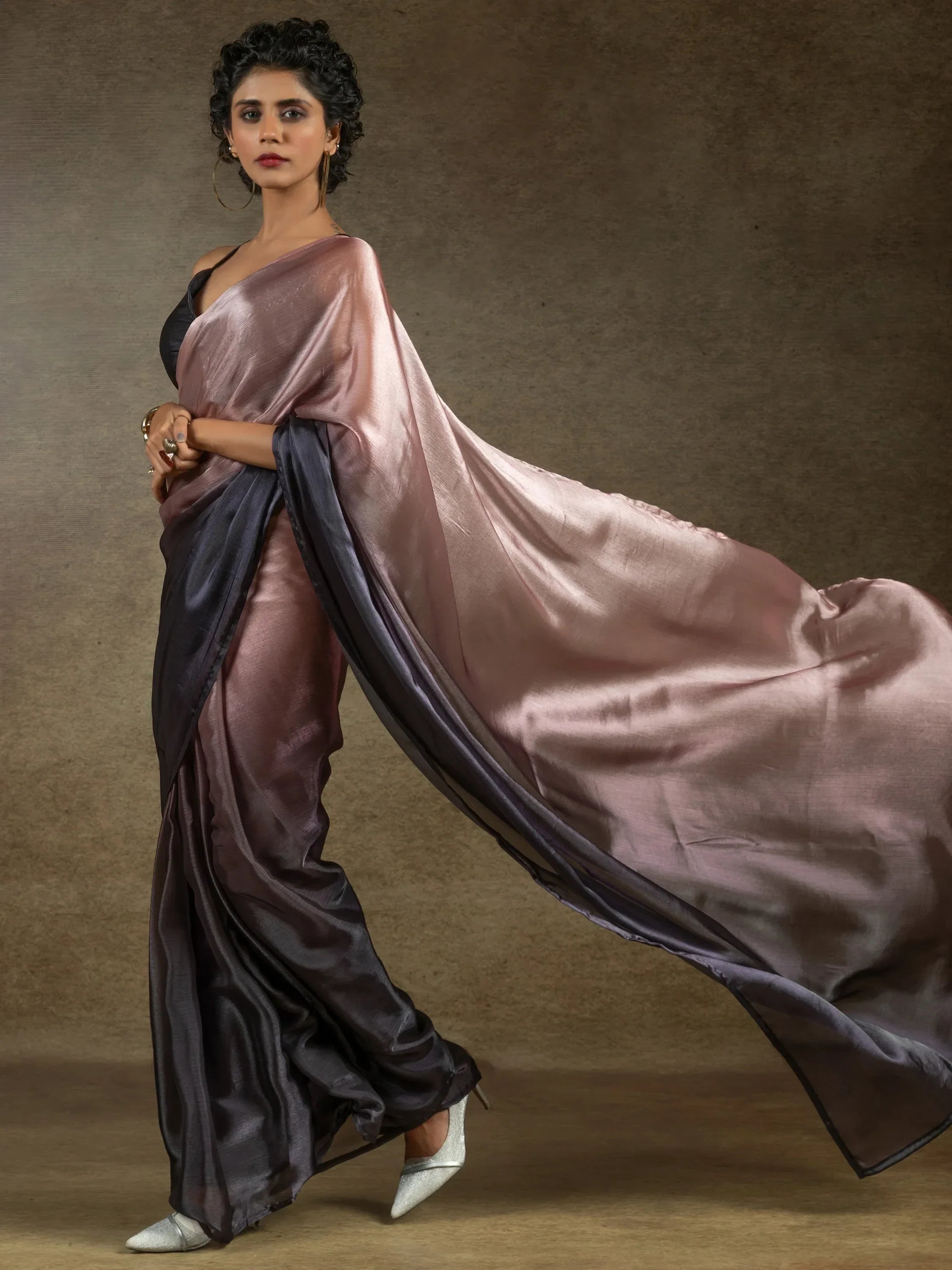 Spectacular Peach Chiffon Party Wear Pre-Stitched Saree With Blouse