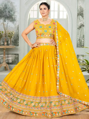 Splendid Mustard Yellow Embroidered Georgette Haldi Wear Lehenga Choli - Ethnic Plus In
