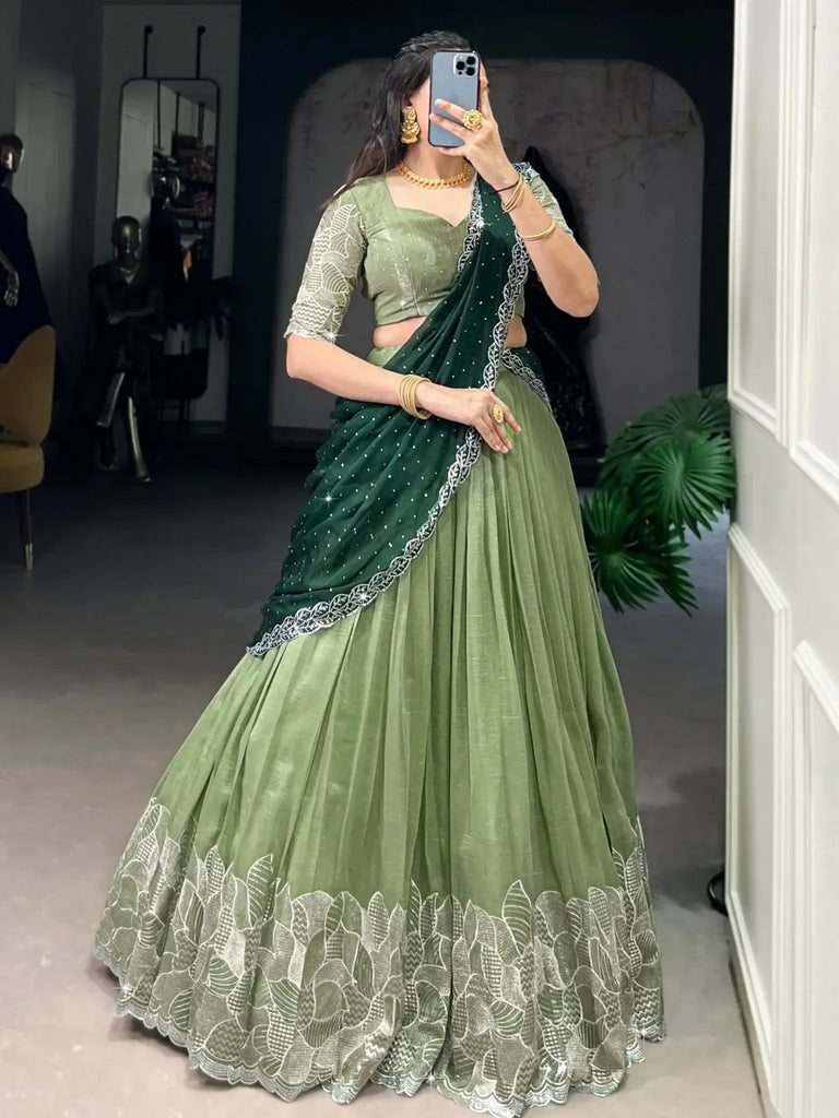 Splendid Pista Green Hotfix Work Organza Mehendi Wear Lehenga Choli - Ethnic Plus In