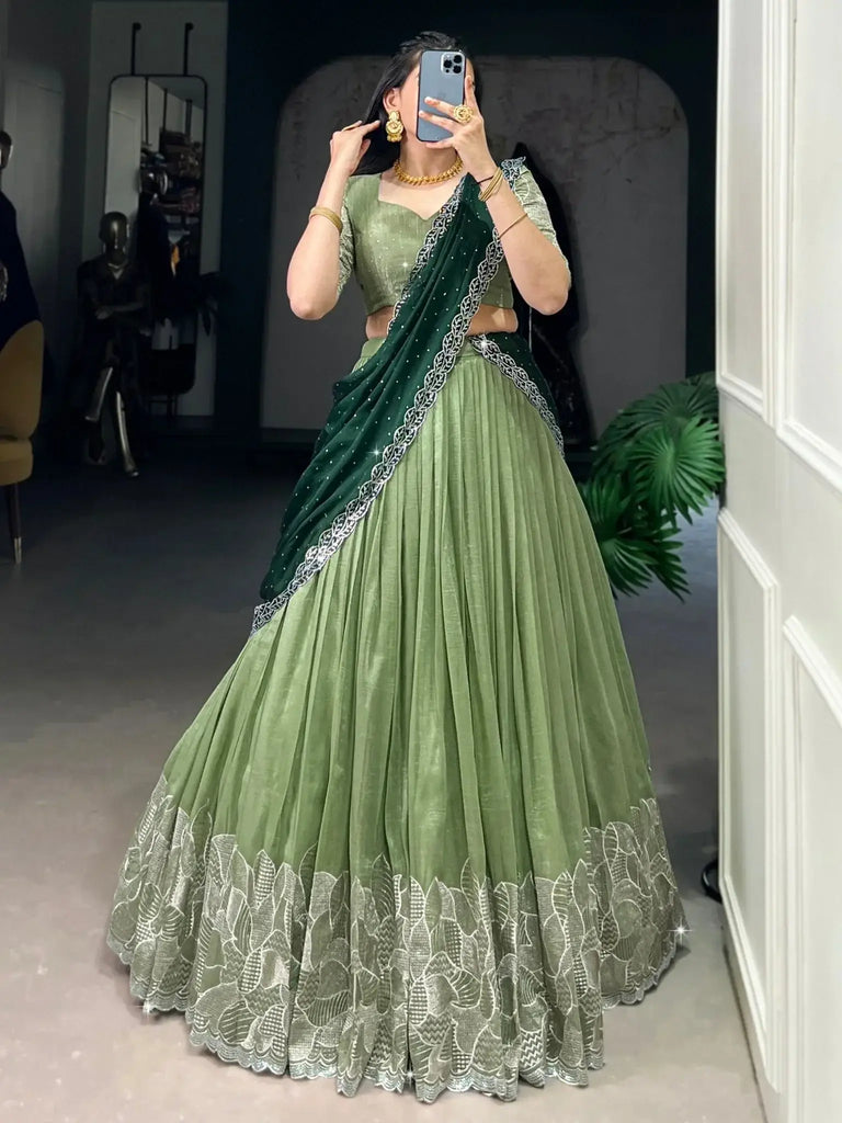 Splendid Pista Green Hotfix Work Organza Mehendi Wear Lehenga Choli - Ethnic Plus In