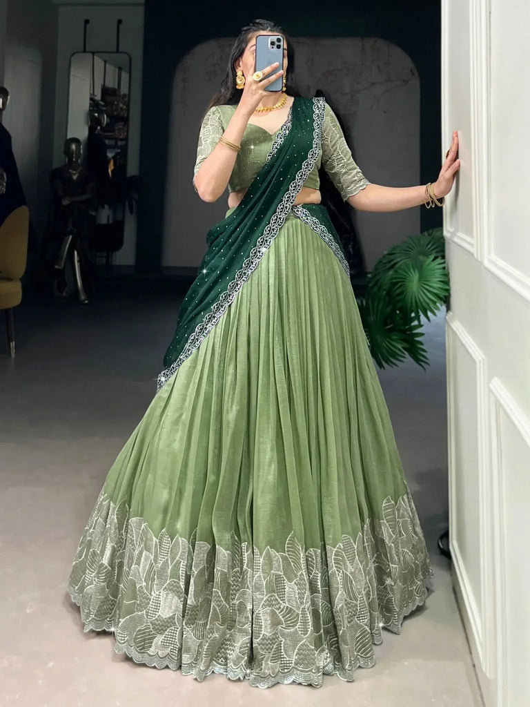 Splendid Pista Green Hotfix Work Organza Mehendi Wear Lehenga Choli - Ethnic Plus In
