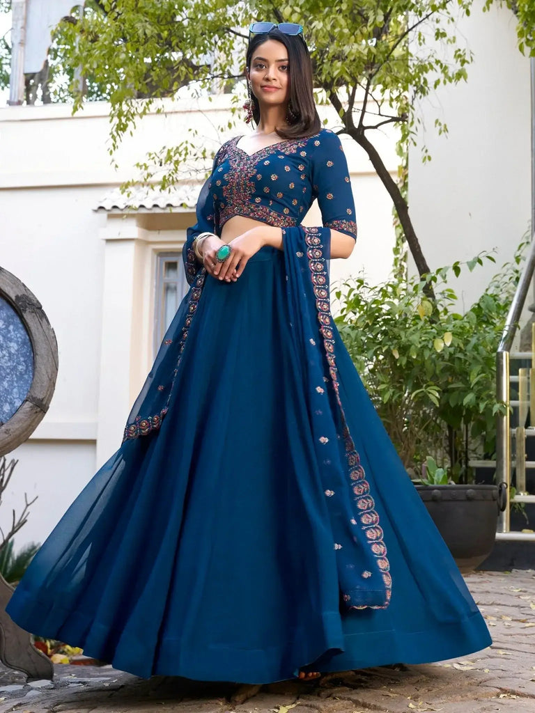 Splendid Teal Blue Thread Embroidery Georgette Lehenga With Blouse - Ethnic Plus In