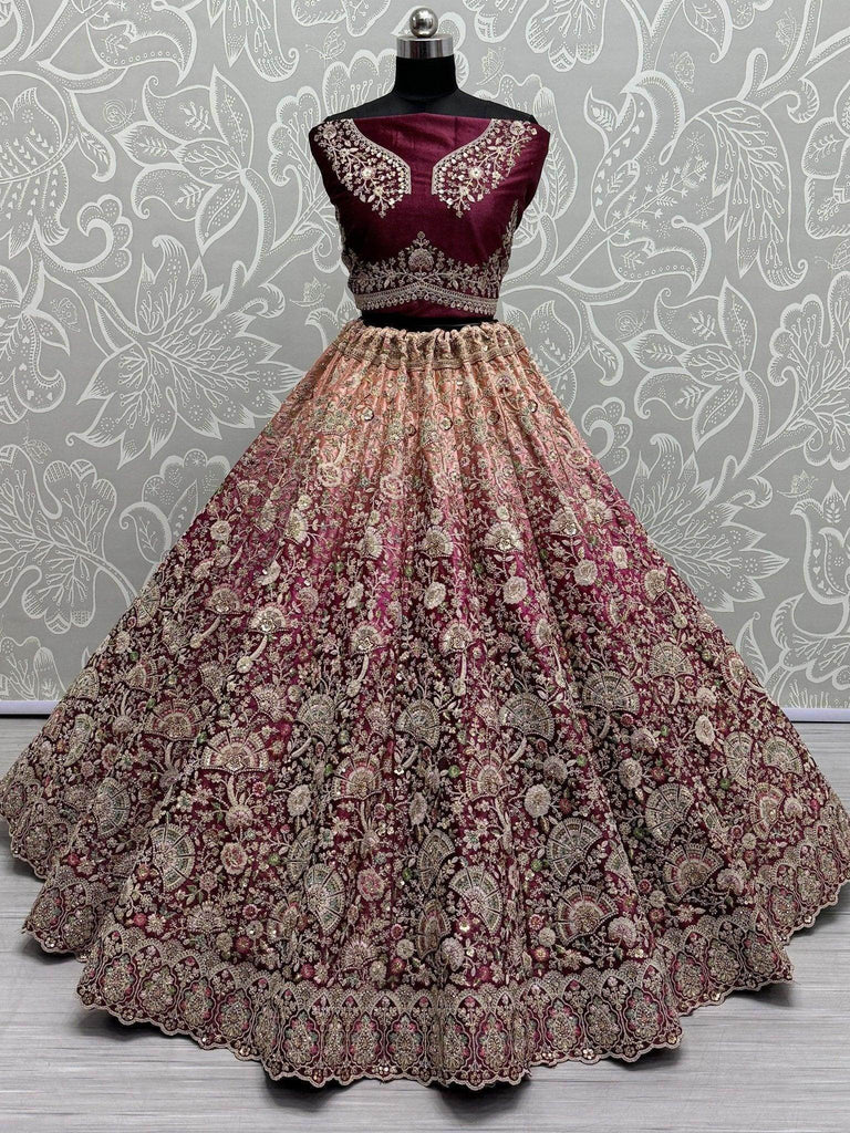 Startling Pink Embroidered Velvet Bridal Lehenga Choli With Dupatta - Ethnic Plus In