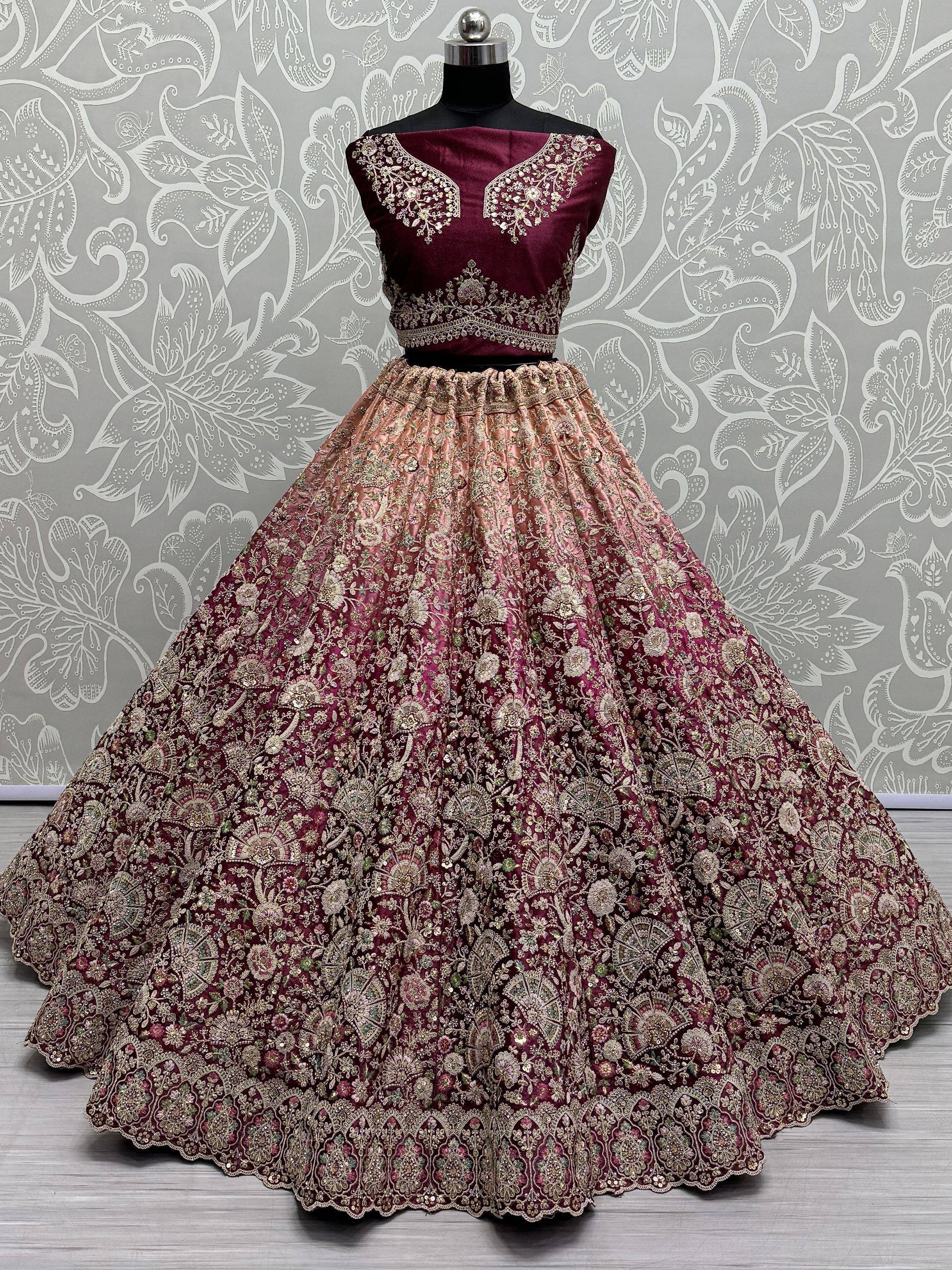 Maroon embroidered lehenga choli with floral gold work, Indian ethnic wear for weddings and parties