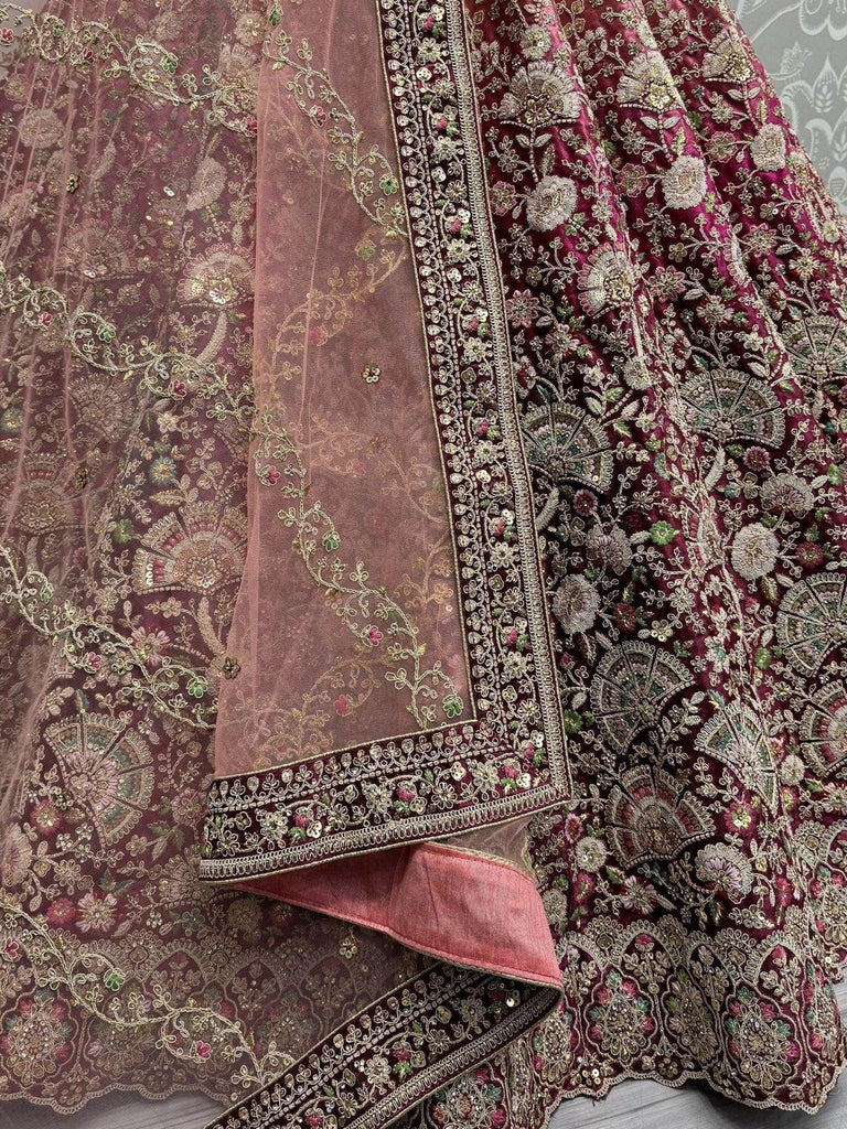 Startling Pink Embroidered Velvet Bridal Lehenga Choli With Dupatta - Ethnic Plus In