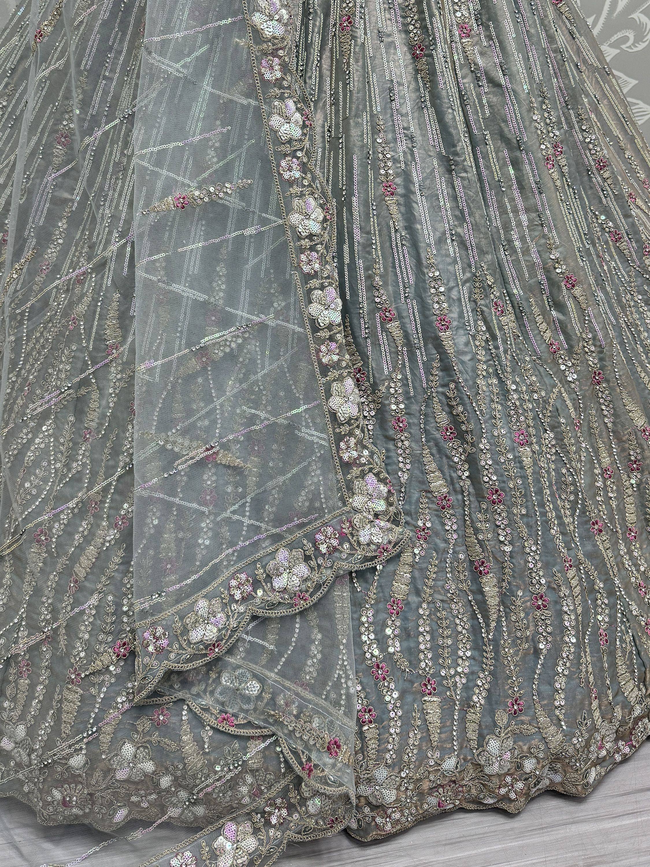 Grey designer lehenga with floral sequin embroidery and sheer dupatta, Indian ethnic wear