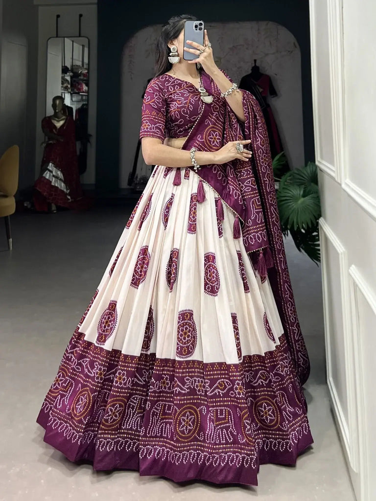 Striking Wine Color Bandhani Printed Tussar Silk Event Wear Lehenga Choli - Ethnic Plus In