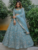 Stunning Aqua Blue Embroidered Soft Net Occasion Wear Lehenga Choli