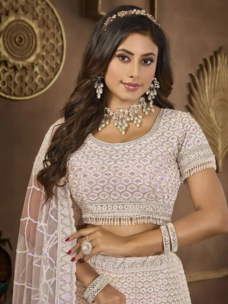 Stunning Baby Pink Embroidered Net Bridesmaid Lehenga Choli - Ethnic Plus In