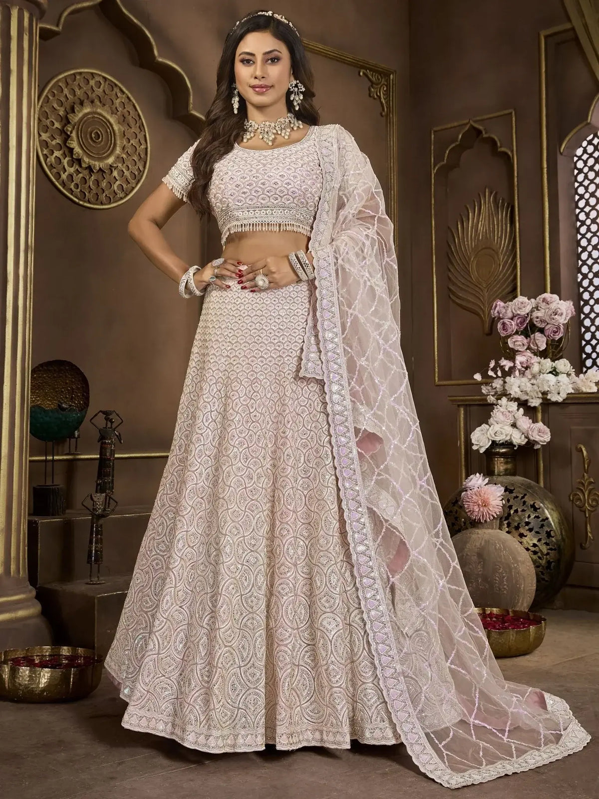 Stunning Baby Pink Embroidered Net Bridesmaid Lehenga Choli - Ethnic Plus In