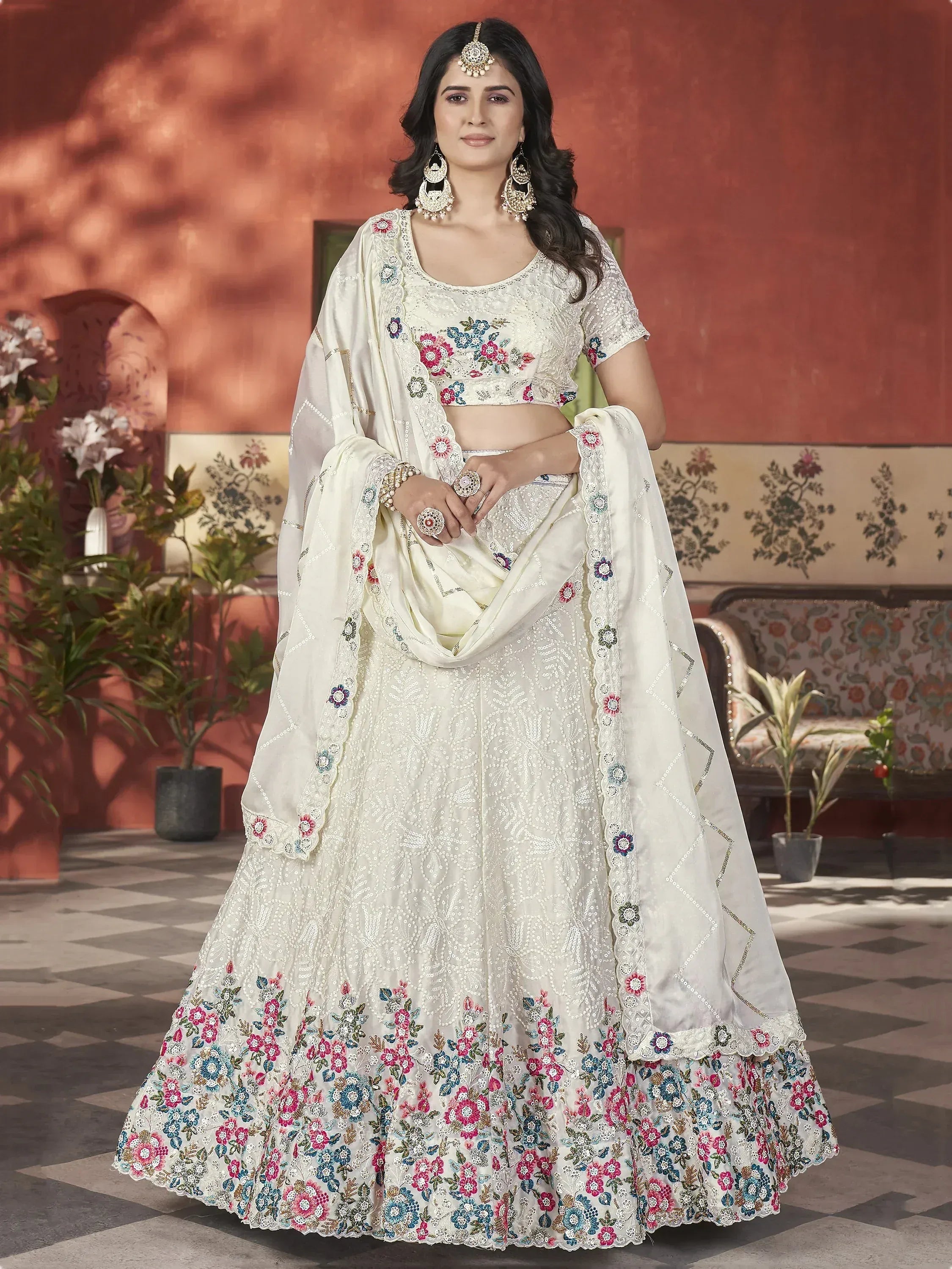 Cream floral embroidered lehenga choli with dupatta, Indian ethnic wear for weddings and festivals