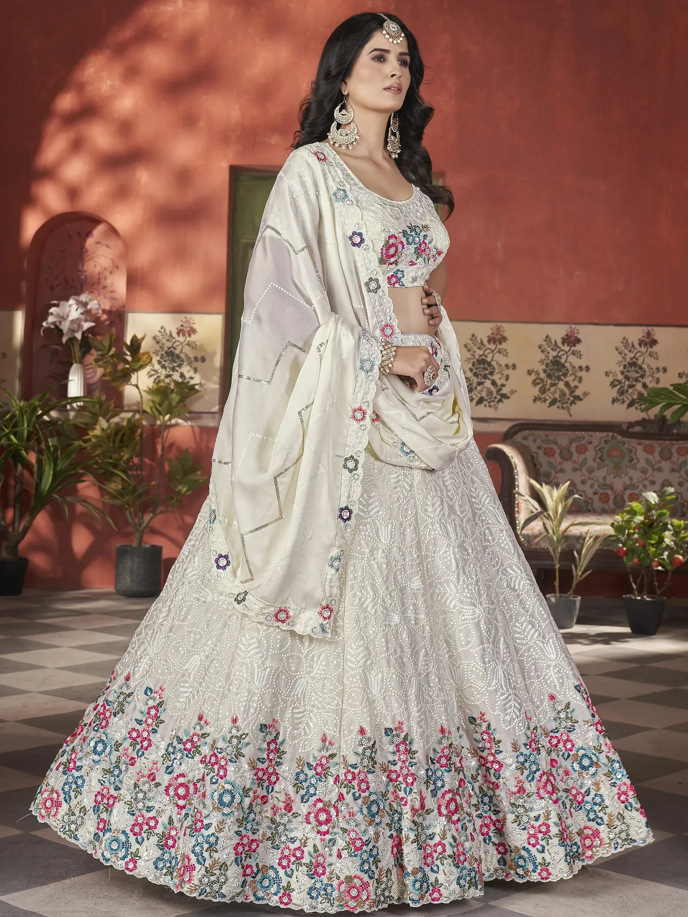 White floral embroidered lehenga choli with dupatta, Indian ethnic wear for weddings and parties