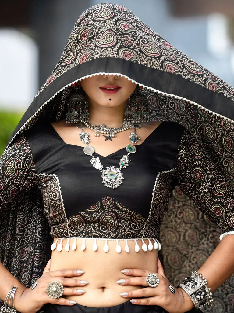 Stunning Black Printed Cotton Navratri Lehenga Choli With Dupatta - Ethnic Plus In
