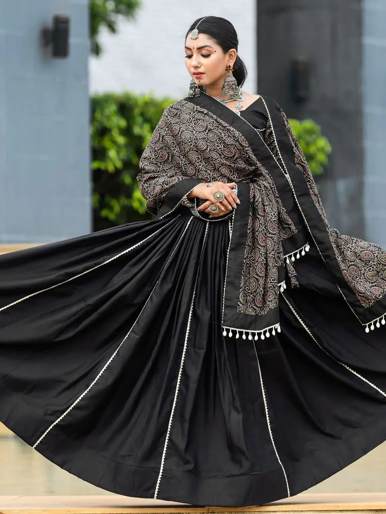 Stunning Black Printed Cotton Navratri Lehenga Choli With Dupatta - Ethnic Plus In