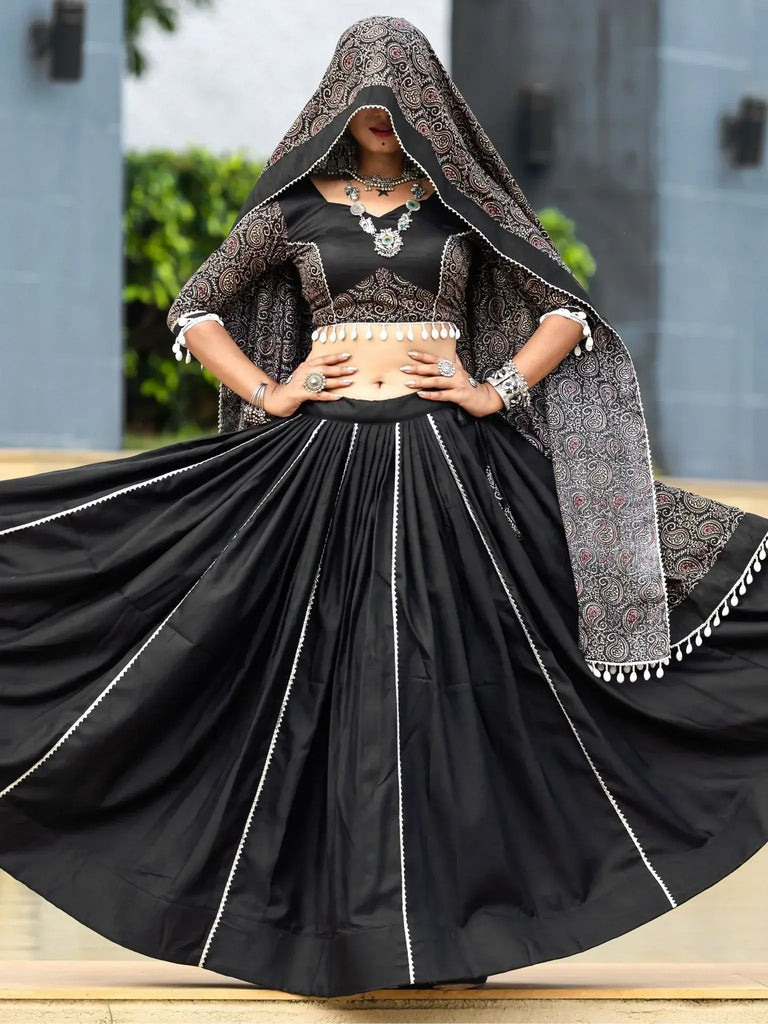 Stunning Black Printed Cotton Navratri Lehenga Choli With Dupatta - Ethnic Plus In