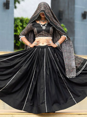 Stunning Black Printed Cotton Navratri Lehenga Choli With Dupatta - Ethnic Plus In
