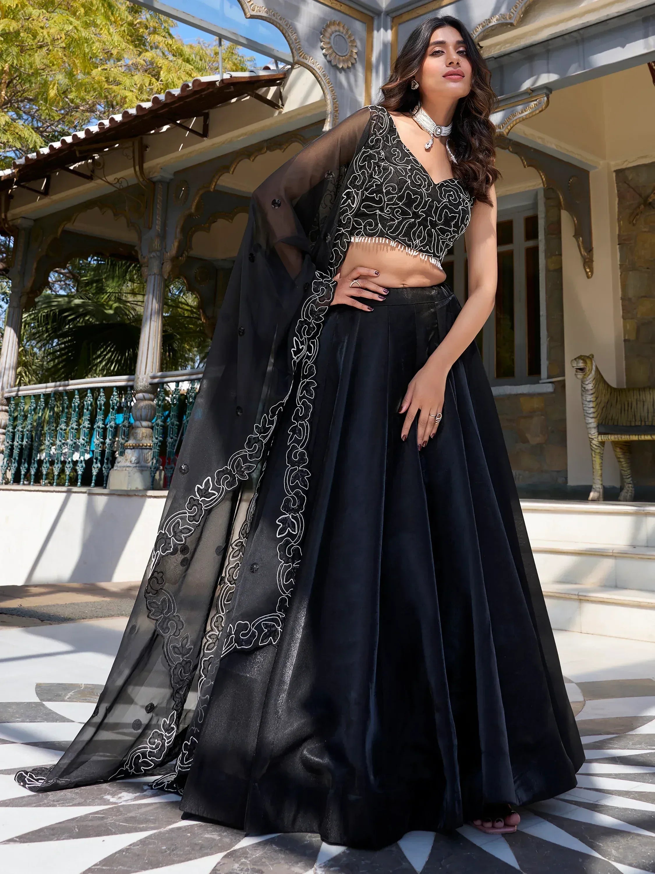 Black embroidered lehenga choli with sheer dupatta, Indian ethnic wear for women