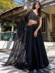 Stunning Black Satin Reception Wear Lehenga Choli With dupatta - Ethnic Plus In