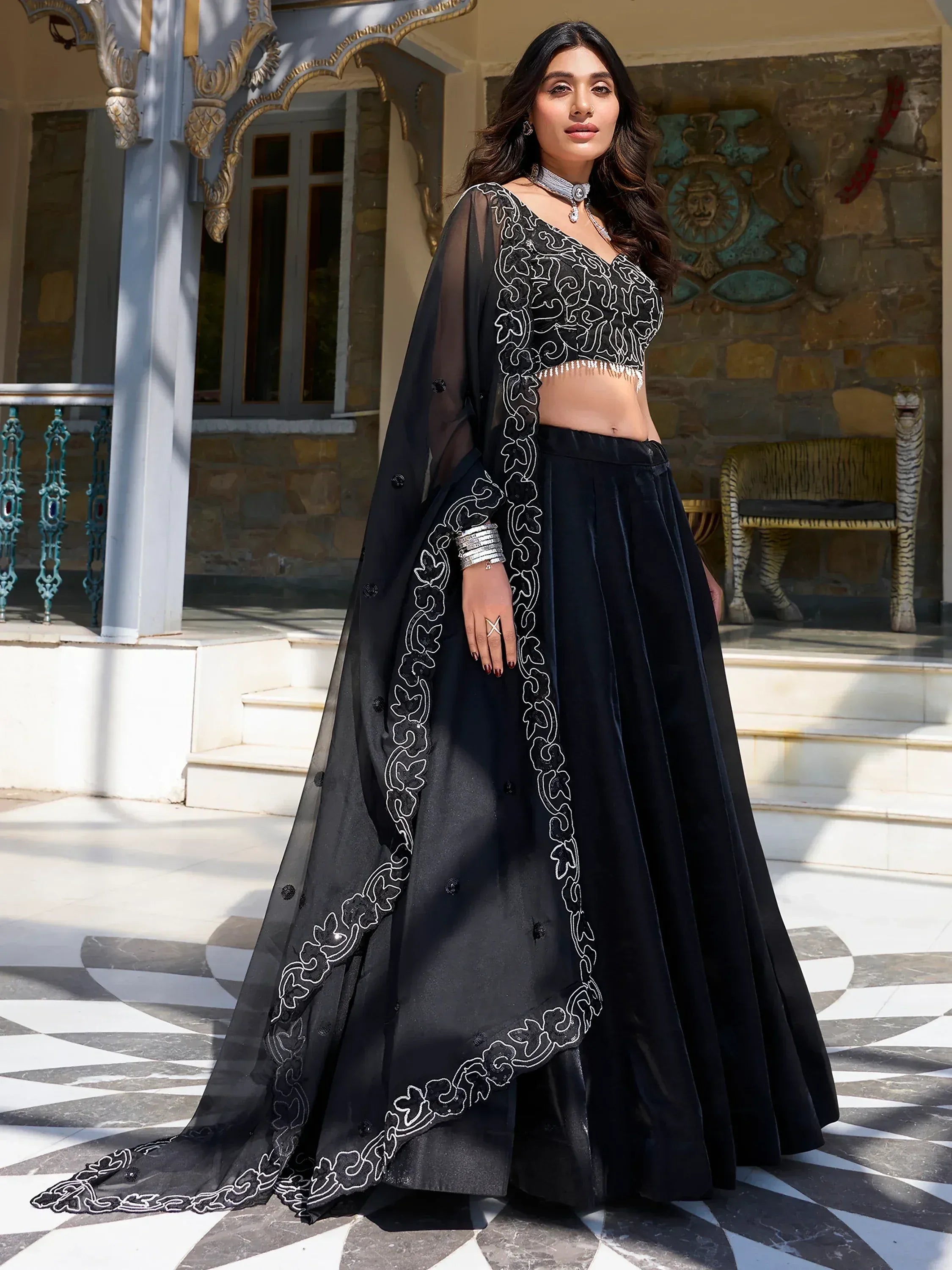 Black embroidered lehenga choli with sheer cape, Indian ethnic wear for women