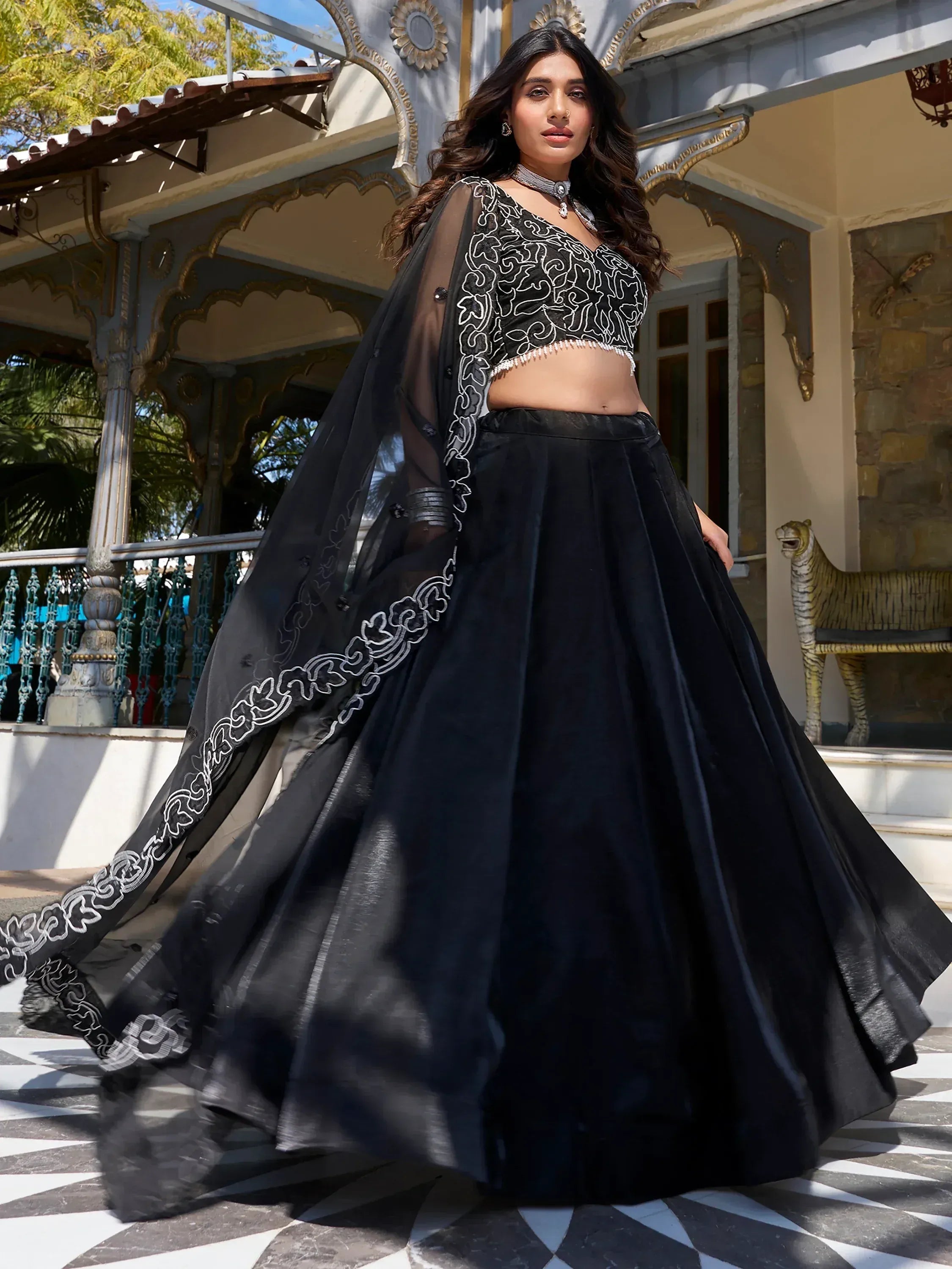 Black embroidered lehenga choli with sheer dupatta, Indian ethnic wear for women