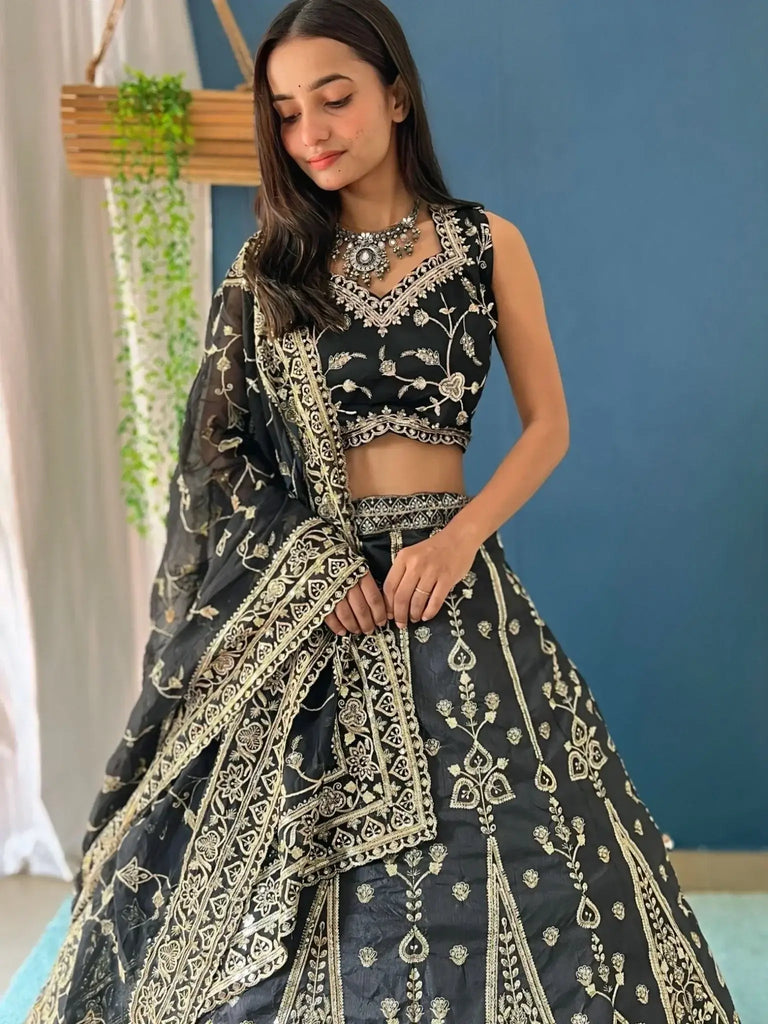 Stunning Black Zari Embroidery Silk Bridesmaid Lehenga Choli - Ethnic Plus In