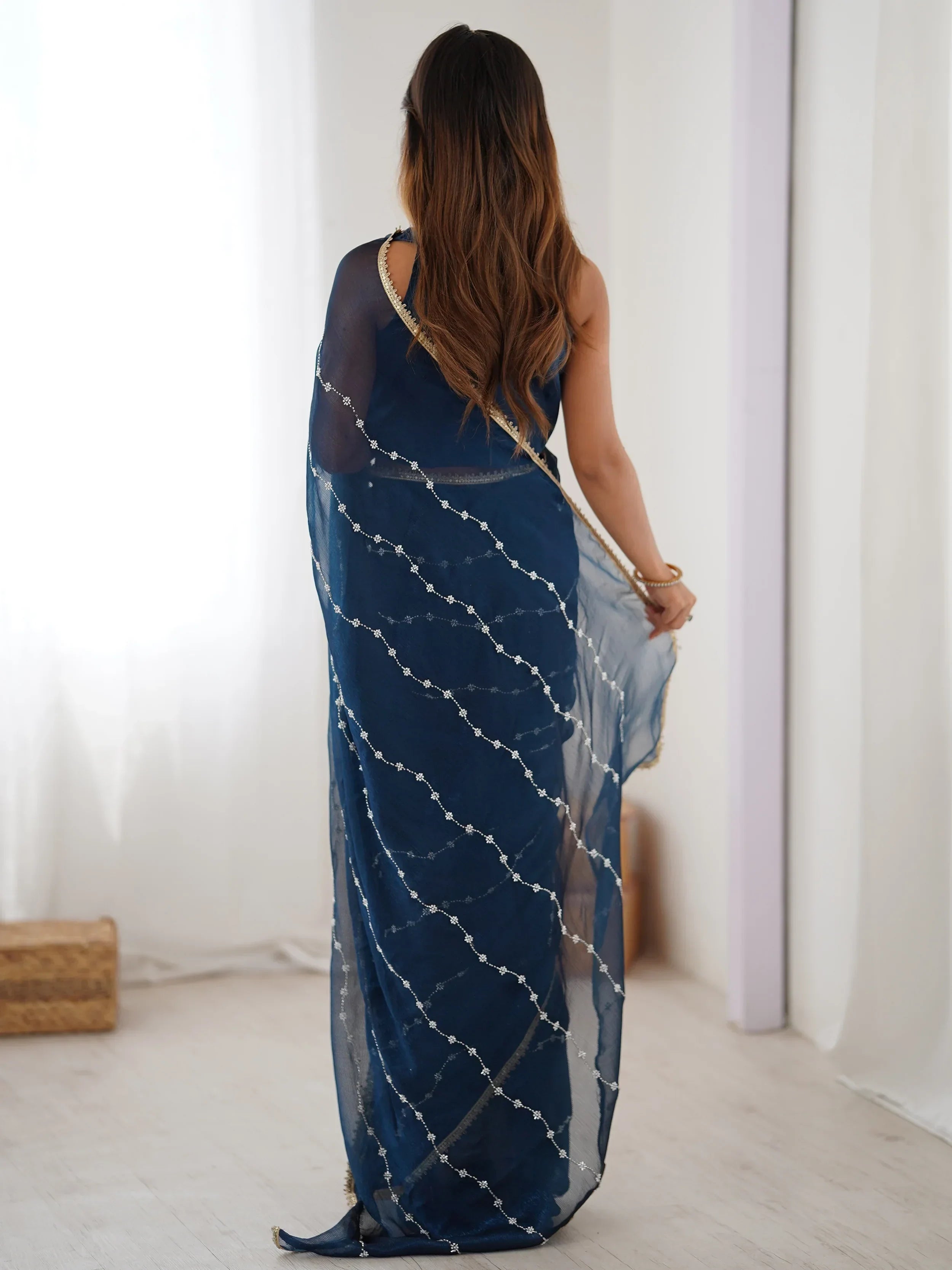 Stunning Blue Chiffon Sequins Saree With Blouse - Ethnic Plus In