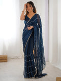 Stunning Blue Chiffon Sequins Saree With Blouse - Ethnic Plus In