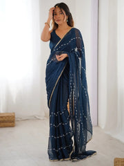 Stunning Blue Chiffon Sequins Saree With Blouse - Ethnic Plus In