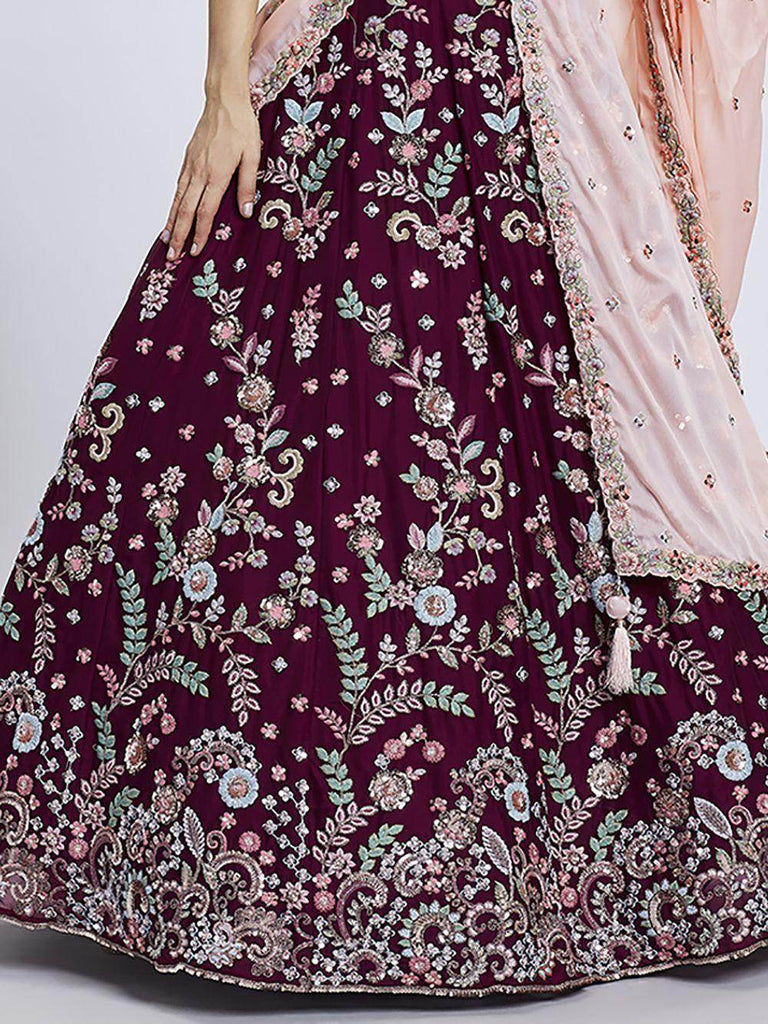 Stunning Burgundy Embroidered Georgette Wedding Lehenga Choli - Ethnic Plus In