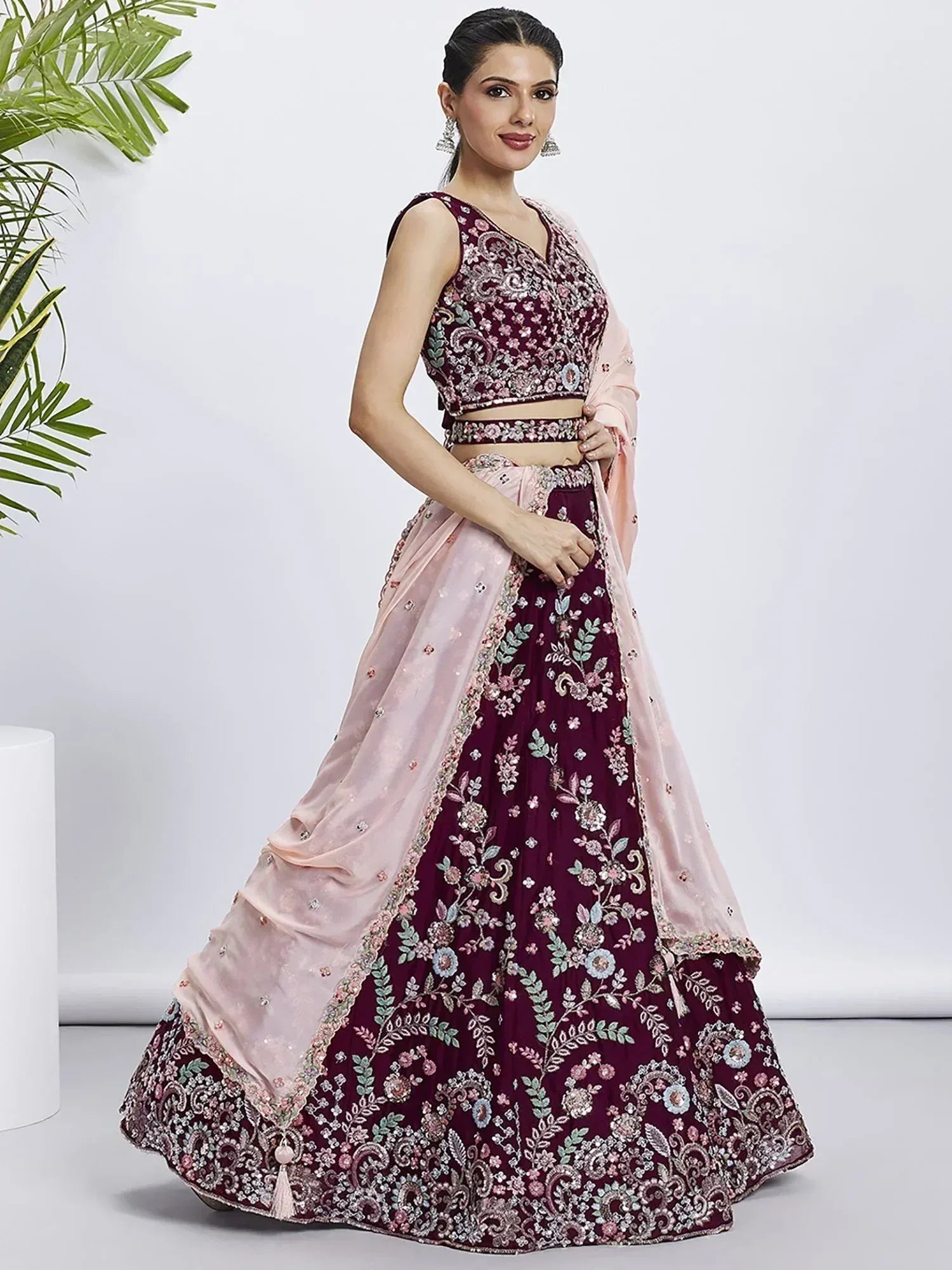 Maroon floral embroidered lehenga choli with pink dupatta, Indian ethnic wear for weddings and parties