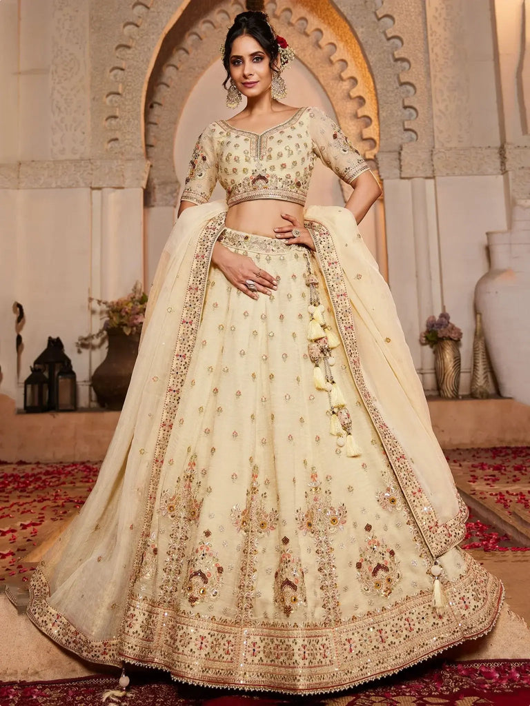 Stunning Cream Thread Embroidered Tissue Silk Wedding Lehenga Choli - Ethnic Plus In