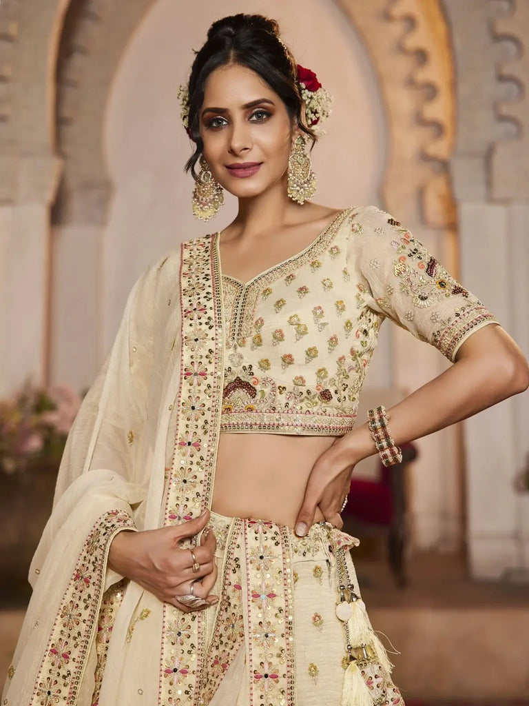 Stunning Cream Thread Embroidered Tissue Silk Wedding Lehenga Choli - Ethnic Plus In