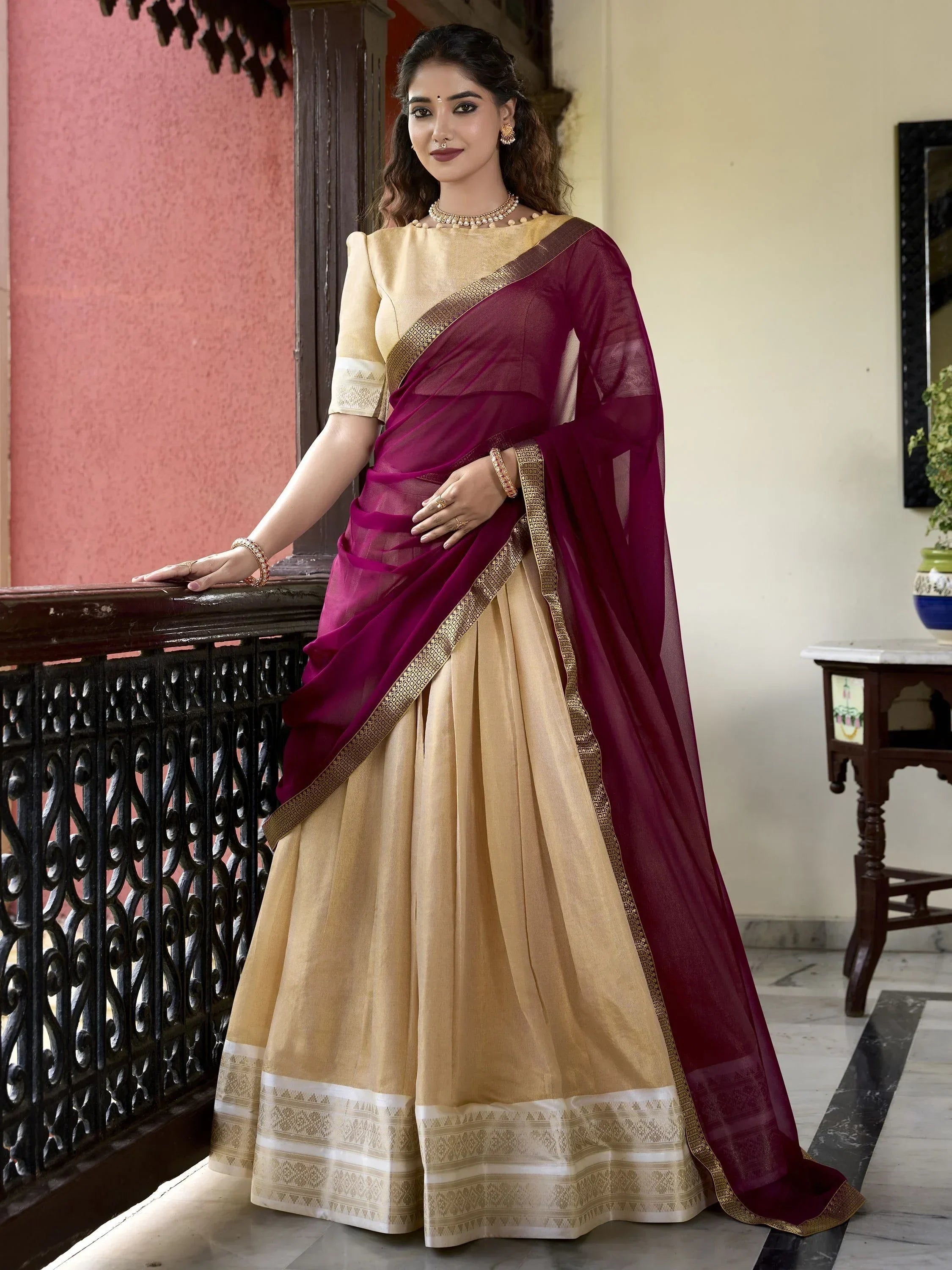 Stunning Cream Zari Weaving Kanchipuram Silk Event Wear Lehenga Choli - Ethnic Plus In