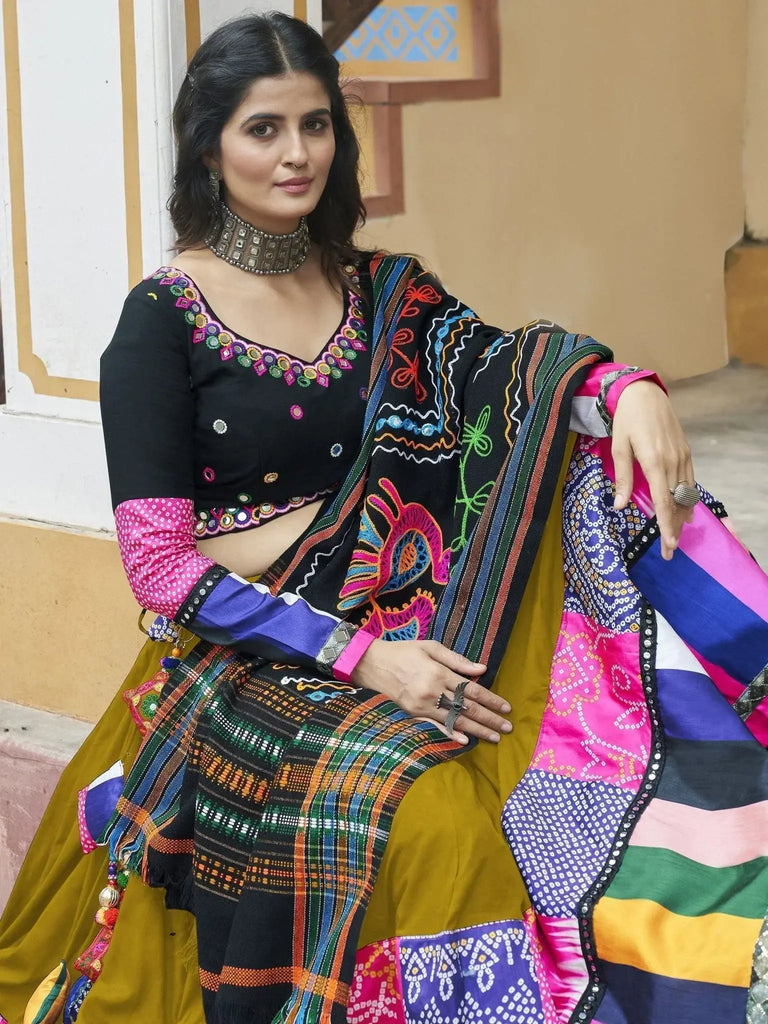 Stunning Dark Goldenrod Printed Rayon Navratri Lehenga Choli - Ethnic Plus In