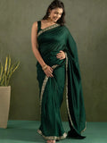Stunning Deep Green Chiffon Mehendi Wear Stitched Saree - Ethnic Plus In