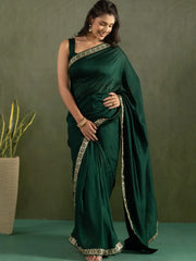 Stunning Deep Green Chiffon Mehendi Wear Stitched Saree - Ethnic Plus In