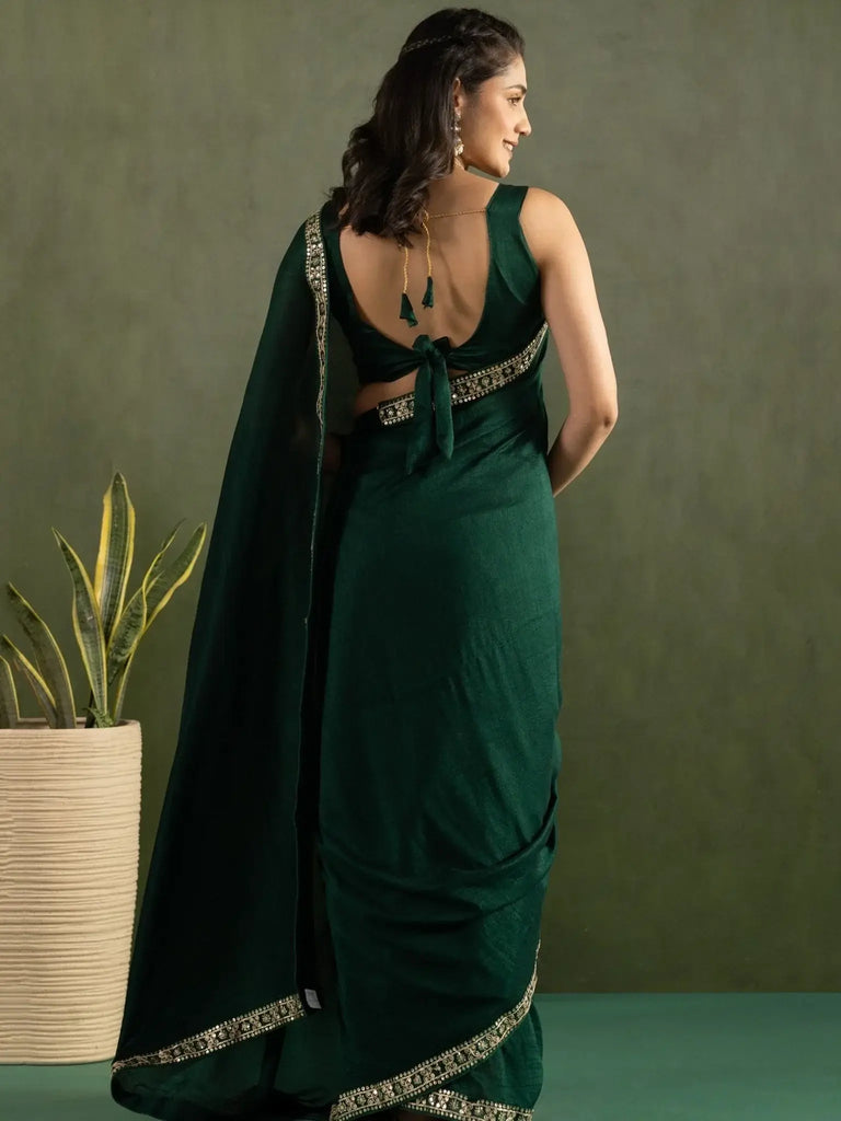 Stunning Deep Green Chiffon Mehendi Wear Stitched Saree - Ethnic Plus In
